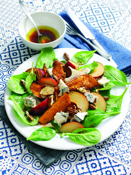 Plum, sweet potato and gorgonzola salad
