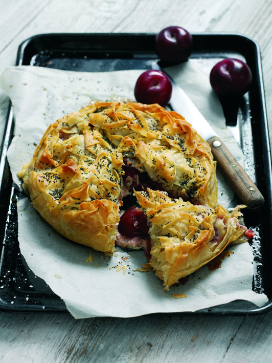 South African plum and ricotta filo pie